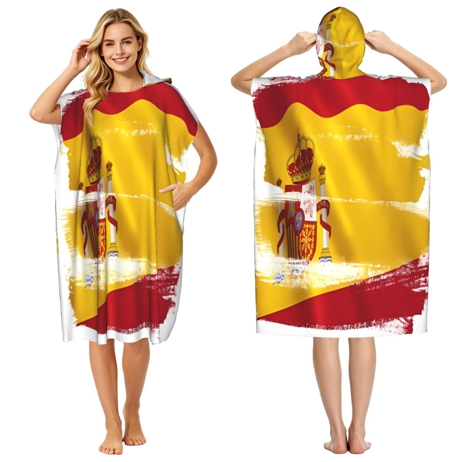 KLGRTJHK Spain Flag Adult Hooded Beach Poncho Towel 43"X35"