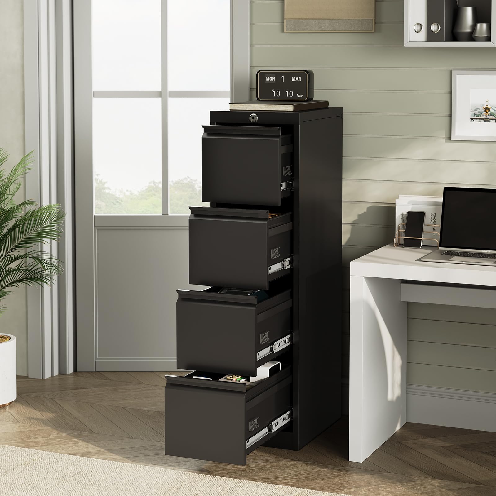 Garvee Classeur à dossiers métallique 4 tiroirs sécurisé – Rangement Vertical Robuste pour Documents A4/Légal/Lettre/F4 – Idéal Bureau – Serrure intégrée – Couleur Noire
