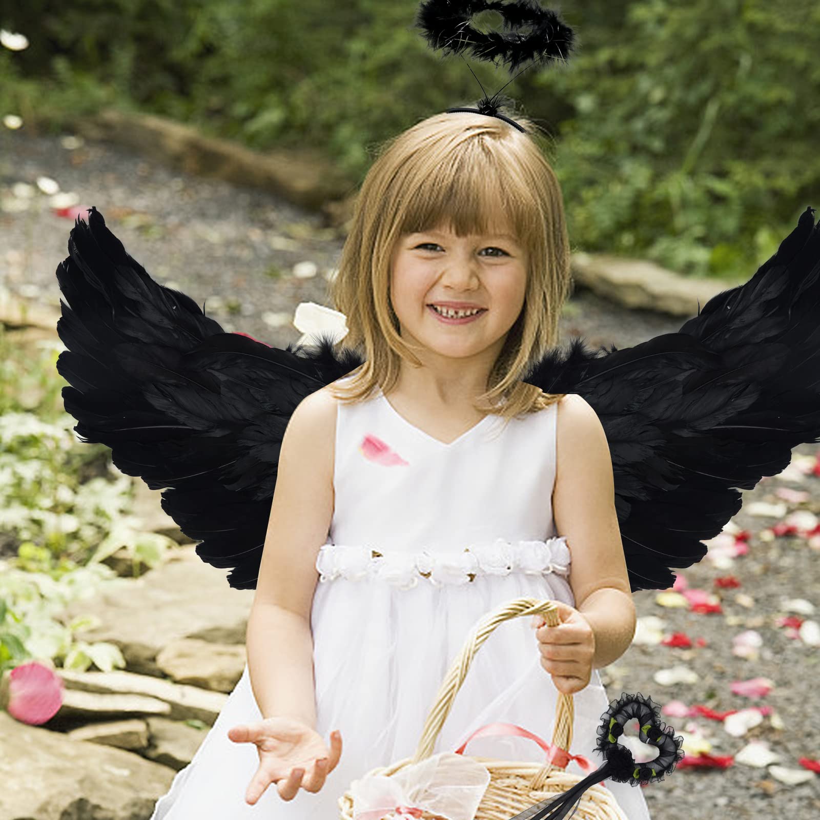 Costume D'ange Complet - Ailes Plumes 60x40 Cm + Auréole + Baguette Magique - Pour Halloween, Fêtes, Cosplay (Blanc)