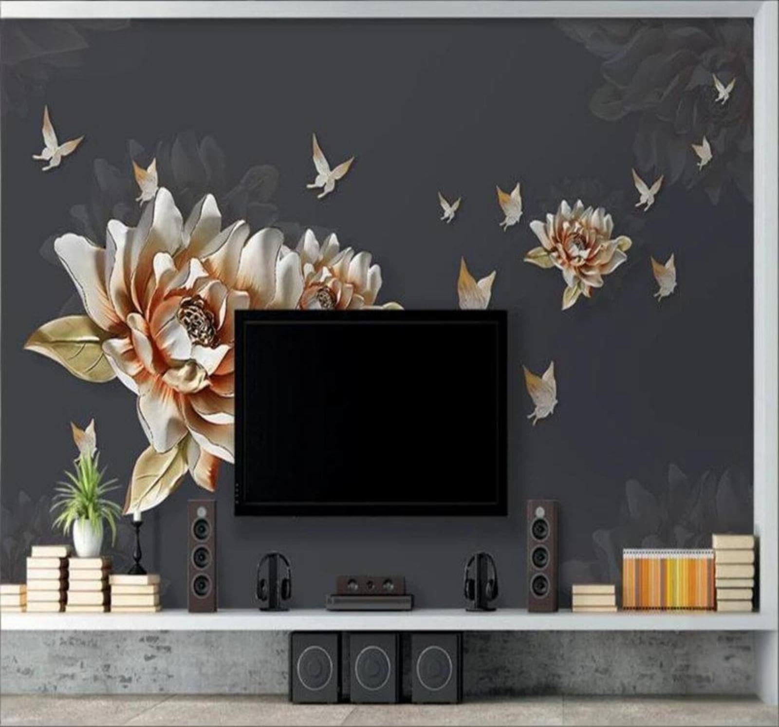 Wallpaper-3D-Xlm 300Cm×210Cm(B×H) Minimalist Three Dimensional Relief Butterflies And Flowers 3D Wallpaper Easy Install Feature Office Living Room Sofa Bedroom Tv Background Wall Decoration-300Cm×210Cm