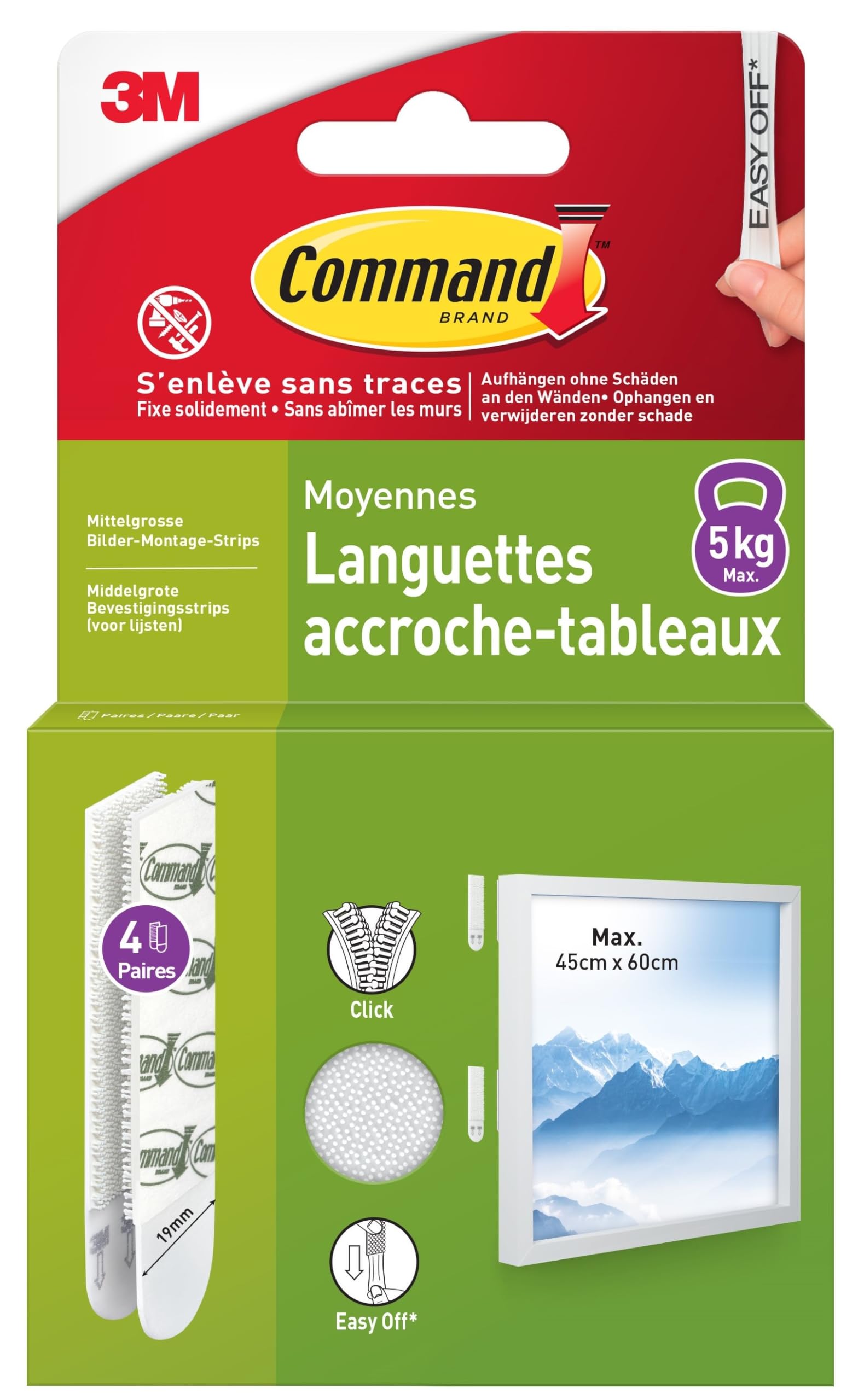 Command Languettes Accroches Tableaux Moyen Modèle - 4 Paires (8 Languettes) Blanc - Supporte jusqu'à 5 kg - Sans Outils - Fixation sans Dommages