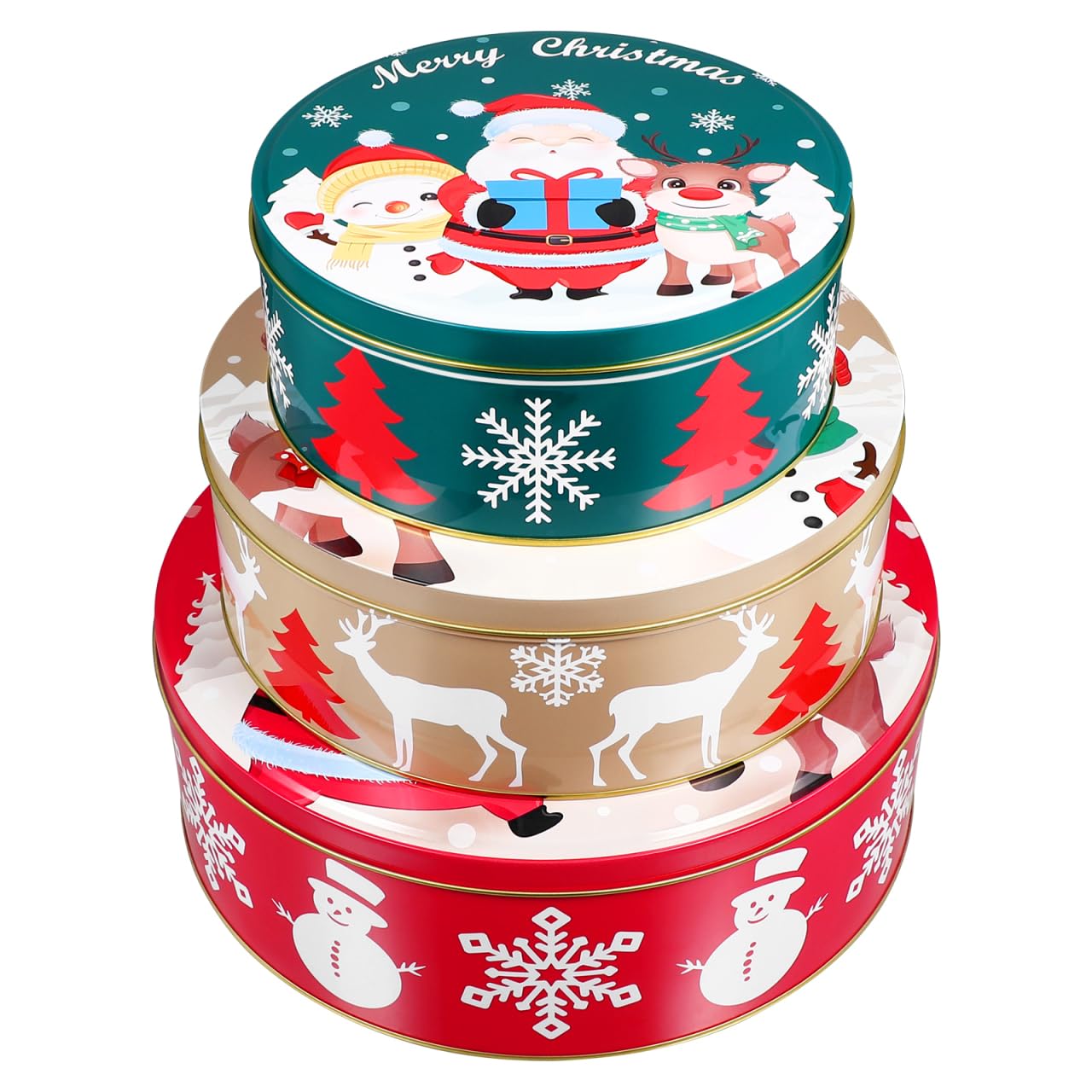 Cabilock 3pcs Biscotti di Natale, Rotondo Lattina Caramelle di Natale Biscotti Trattare Scatole, Regalo a tema Natale Imballaggio Metallo Nesting Contenitori, Vacanze Vuoto Biscotti Barattoli