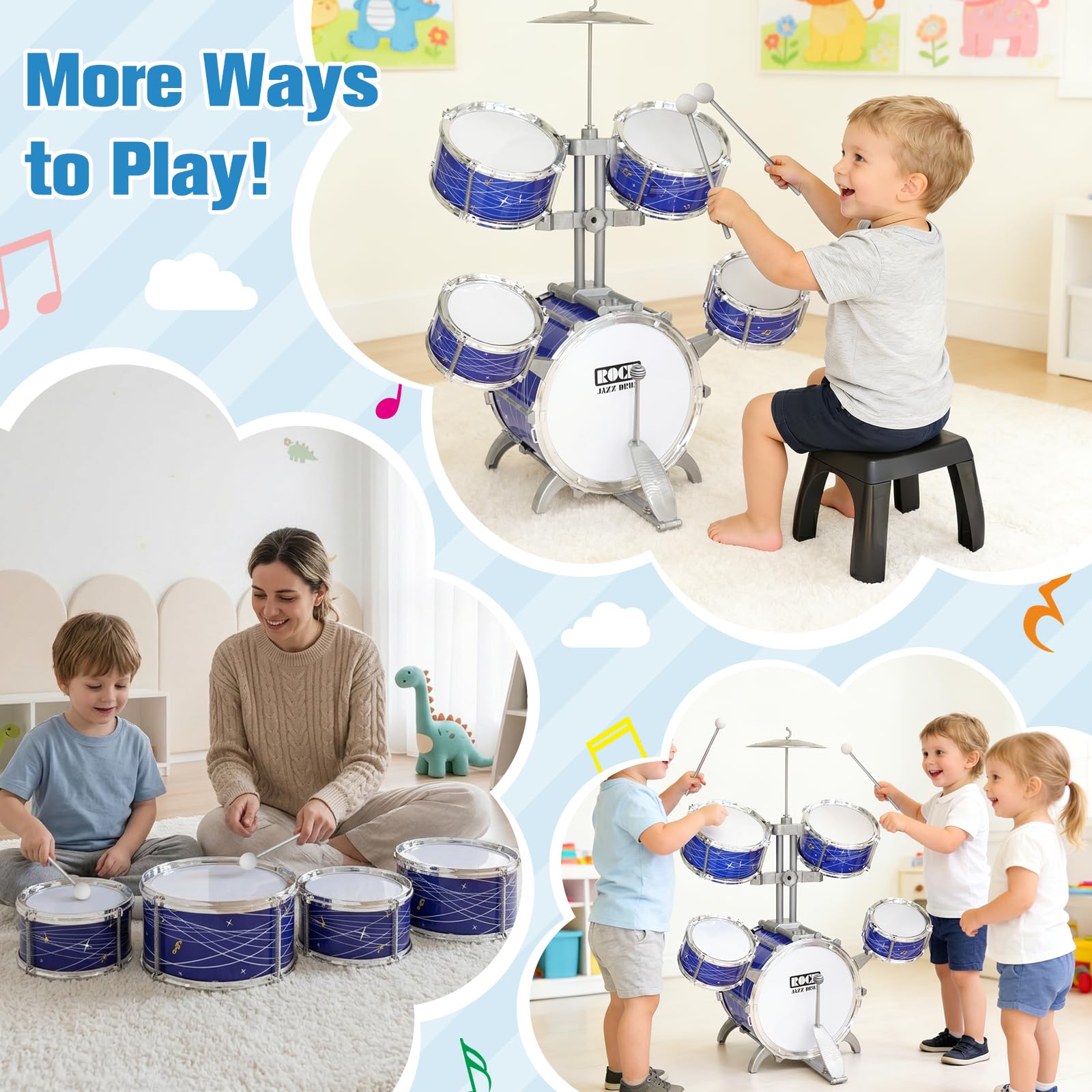Set di batteria per bambini da 1 a 3 anni, kit di batteria jazz migliorato da 5 pezzi con sgabello, pedale per basso e piatto, strumento musicale a percussione per principianti, giocattolo regalo