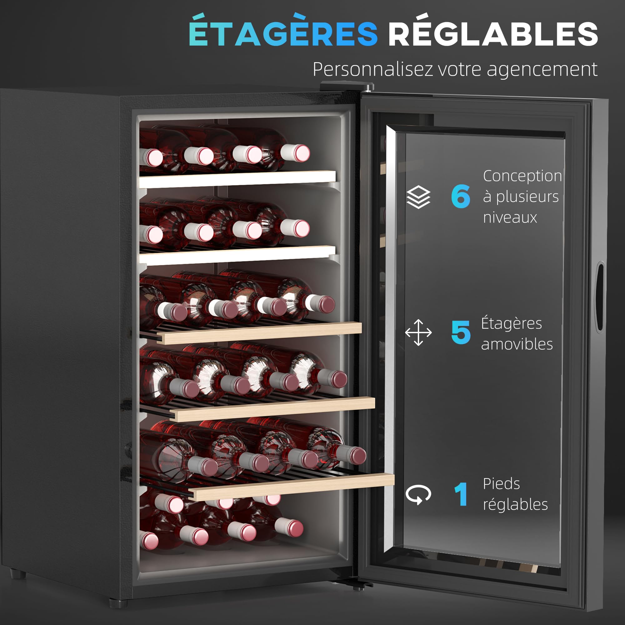 HOMCOM Cave à vin 41 bouteilles 91L réfrigérateur silencieux porte en verre LED écran tactile contrôle température 5-20℃ noir