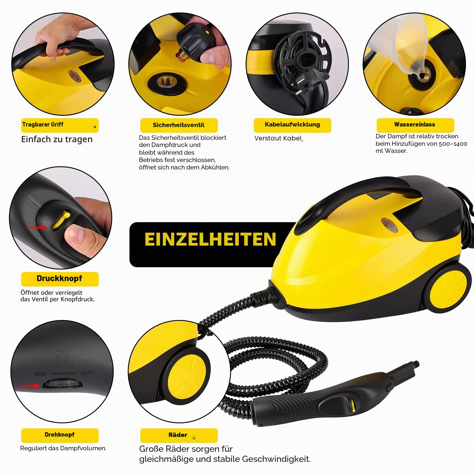 Dampfreiniger Nexalite 2000W, 4 bar, 1600 ml Tank, 16-teilig | 3–7 Min Aufheizen, 4 bar Tiefen-Dampf, 1600 ml Tank; 16 Aufsätze für Fliesen/Fugen, Fenster, Polster & Auto-Innenraum