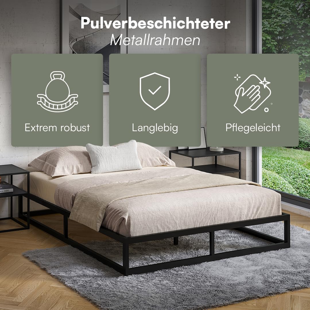 skølm Bragi Metallbett 140x200 cm – Bett aus Metall mit Lattenrost – stabiles Metall Bettgestell Schwarz – Bettrahmen geeignet als Doppelbett – Doppelbettgestell 25 cm hoch – Gästebett mit Stauraum