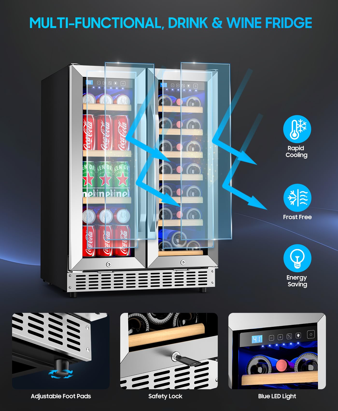 Eorice Wine And Beverage Refrigerator With Glass Door, 24-Inch Dual Zone Wine Fridge Under Counter - 21 Bottle And 60 Can Large Capacity LED Blue Light Smart Fast Cooling Wine Cooler Drink Fridge on Fridge.com - View 4