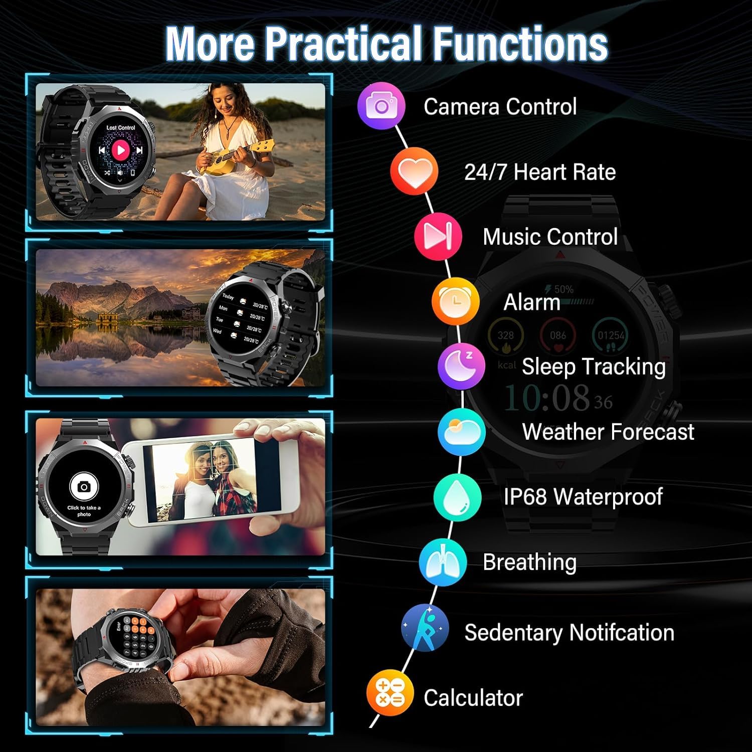 Smartwatch Uomo Militare, 1.39" HD Orologio Smart watch con Chiamate Bluetooth, Tracker Attività con Sonno/Cardiofrequenzimetro, 110+ Modalità Sportive, IP68 Impermeabile per Android iOS, Nero