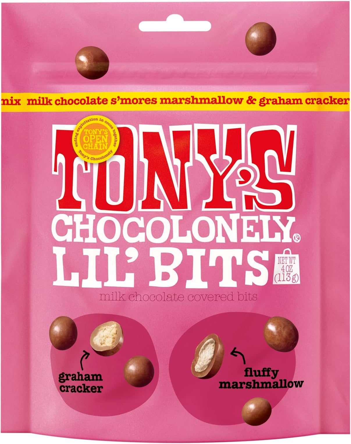 Tony’s Chocolonely Belgian Milk Chocolate S’Mores Mix Lil’ Bits Candy Pieces With Graham Cracker & Marshmallow for Snacks, Gifts, or Gift Basket, Made From Quality Fairtrade Cocoa, 1 Pouch, 4 Oz