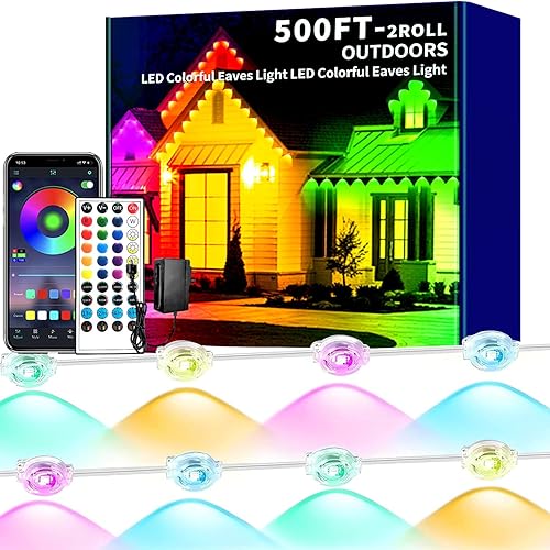 Luces permanentes para exteriores de 500 pies, luz LED RGB inteligente para Navidad, control remoto por aplicación, IP67, impermeable, aleros de
