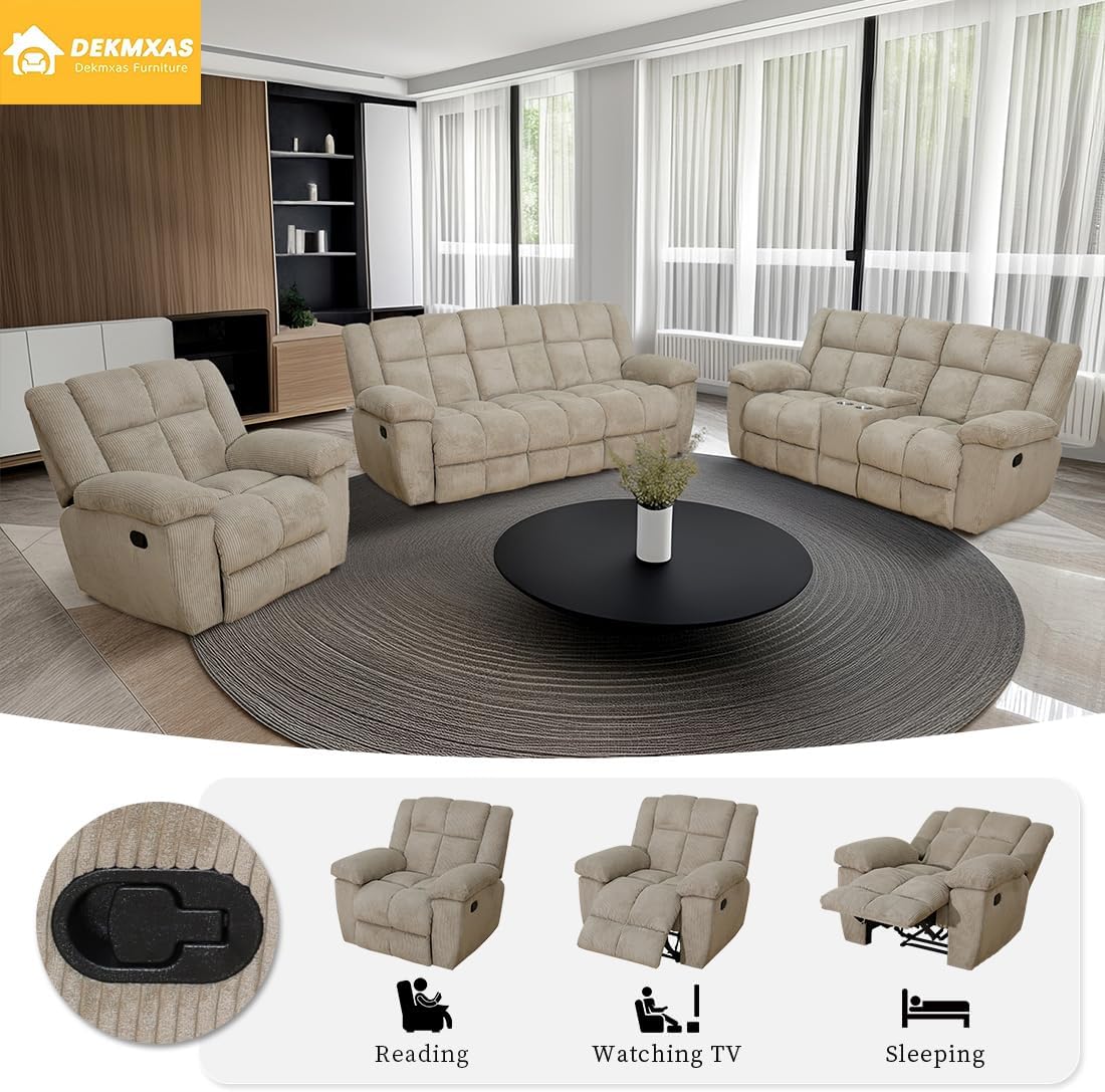 Corduroy Fabric Reclining Sofa, 3-Piece Living Room Furniture Sets, Beige Manaul Recliner Sofa Couch Set with 5 Recliner Seats, Cup Holders, Storage Console and Drop-down Table for Living Room