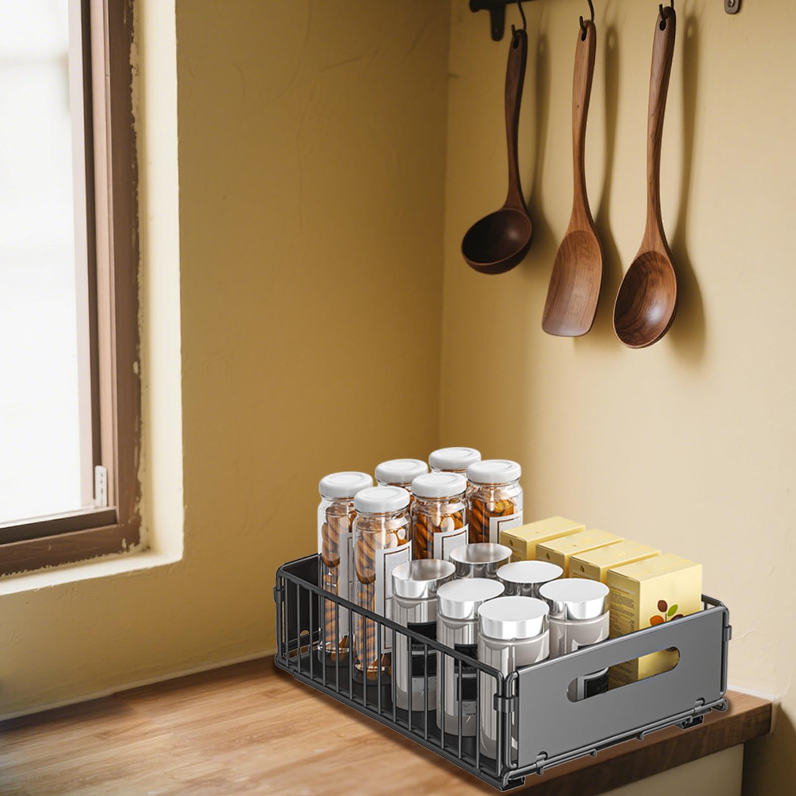 HUOLE Organizador Extensible de Metal, Almacenamiento bajo Fregadero, Ajustable con Cajón Deslizante, Estanterías para Mueble de Cocina y Baño, Negro - 38 x 25 x 10 cm (2 piezas)