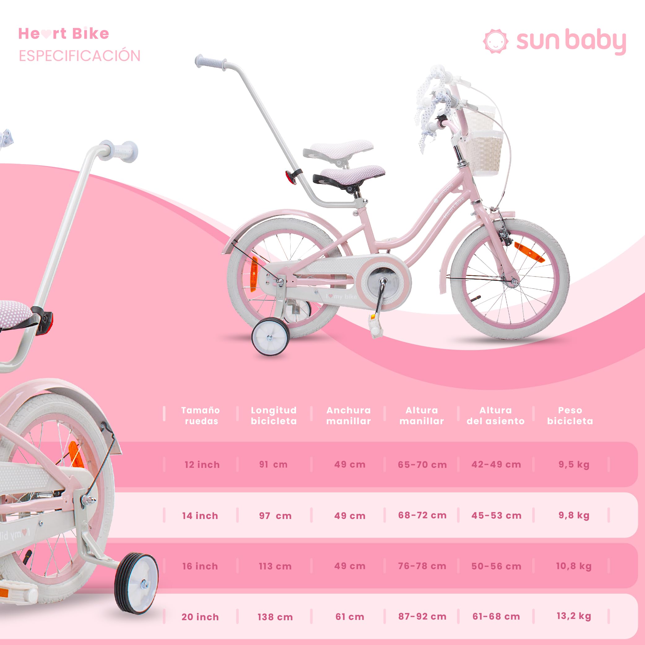 sun baby Heart Bike Bicicleta Infantil para niña 12/14/16 Pulgadas, con ruedines, Barra de Empuje, Cesta, Timbre, Freno contrapedal y V-Brake