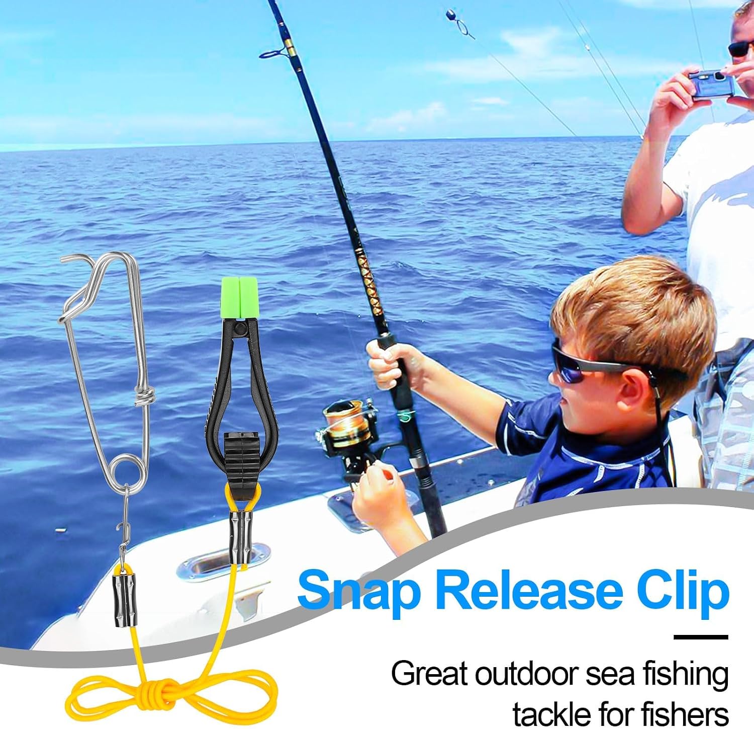 TSV 4PCS Power Grip Line Release - Fishing Down-Rigger Clip with 2.2" Clamp | Adjustable Clamp Fishing Tool - 16.5" Rope Leader for Offshore Planer Board Trolling - Streamlined Design