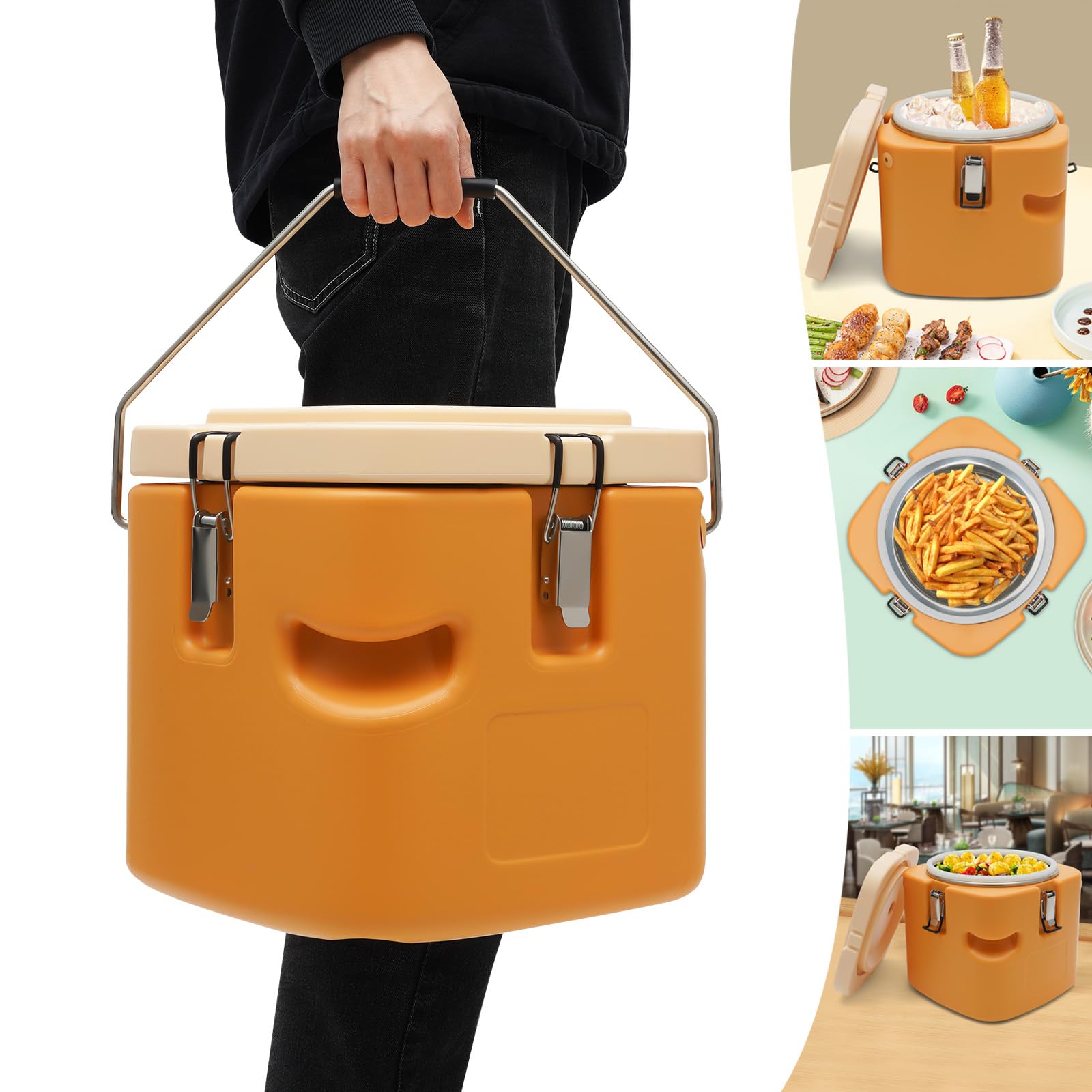 Insulated Food Pan Carrier 2.5 Gallon, Stackable Catering Box w/Stainless Steel Barrel, Portable Commercial Food Warmer for Hot or Cold Food Soups Drinks, for Parties Restaurant Canteen Hotel (Yellow)