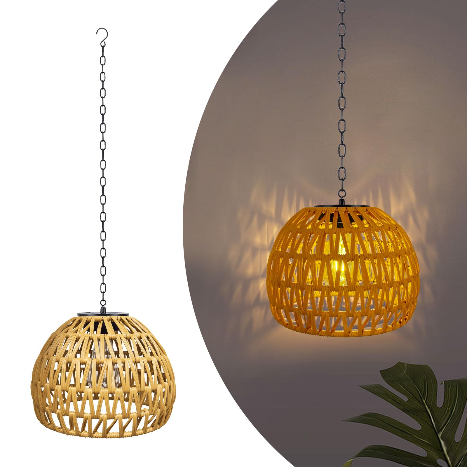 Livinlarge Solar-Hängeleuchte für den Außenbereich, Rattan-Pendelleuchte, Pavillon-Lichter, wasserdicht, für Pavillon, Pergola, Veranda, Terrasse, Balkon, Baum, Außendekor-Beleuchtung
