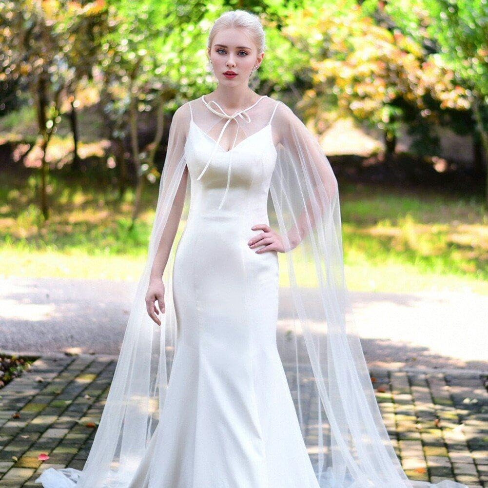 Mantella Lunga Da Sposa In Chiffon Staccabile Con Spilla - Ali Da Sposa, Colore Avorio, Taglia Unica