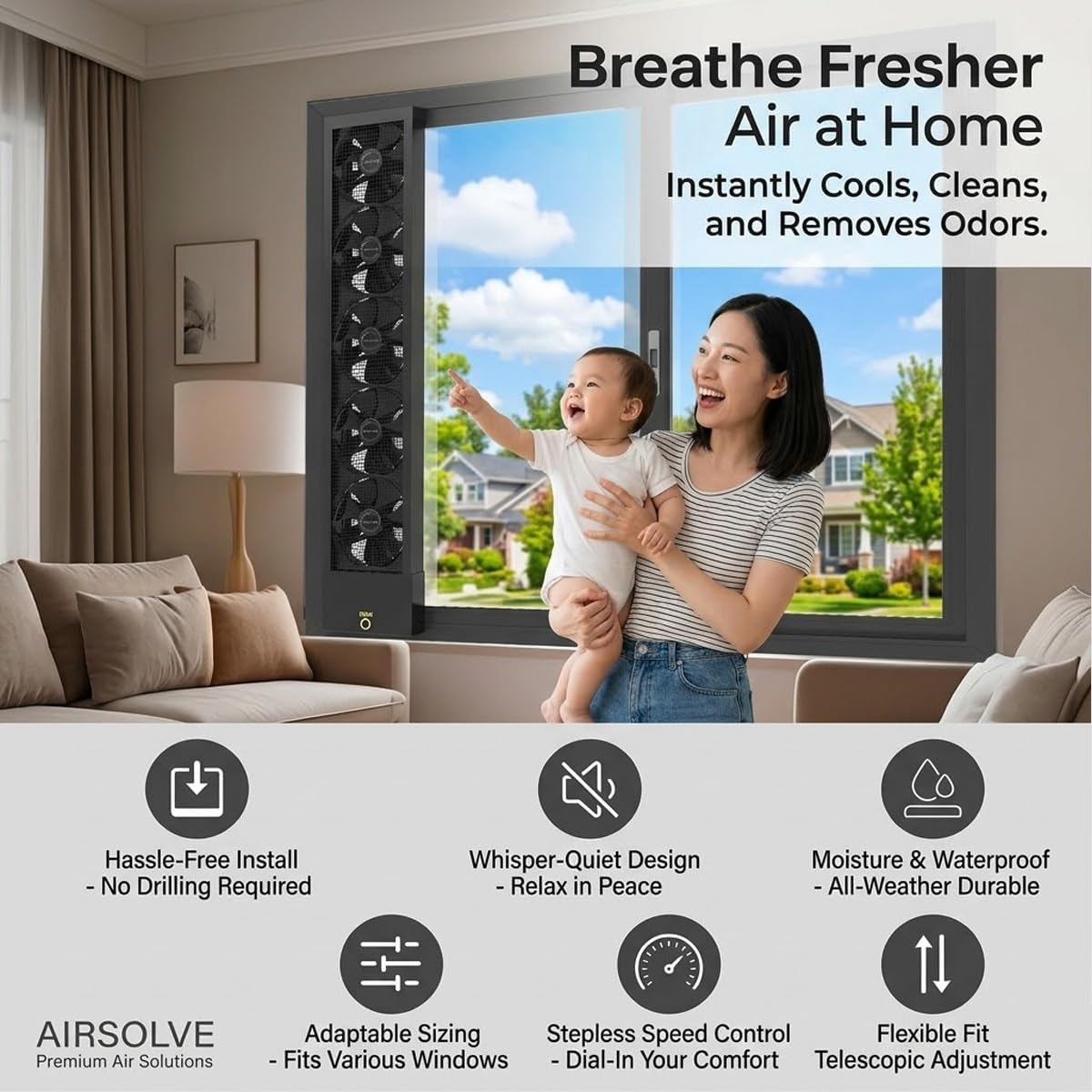 Vertical Window Exhaust Fan for Sliding Windows, Retractable Reversible Airflow Window Fan with Stepless Speed, No Drill Tool-Free Installation Fan for Bedroom Kitchen Attic Ventilation(33.5-35.4in)