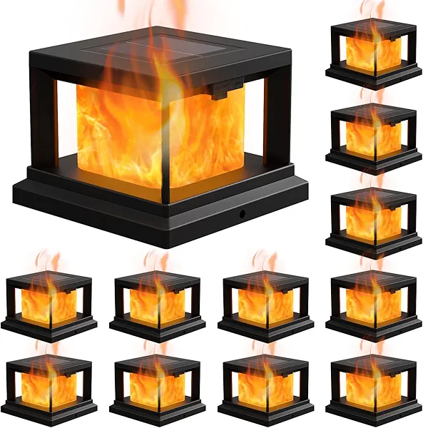Solar Post Cap Light Outdoor with Flickering Flame, Waterproof Solar Powered Deck Cap Light for 4x4 Wooden/4x4 Vinyl Post, Black High Brightness SMD LED Fence Lighting for Garden, Yard, Patio, 12-Pack