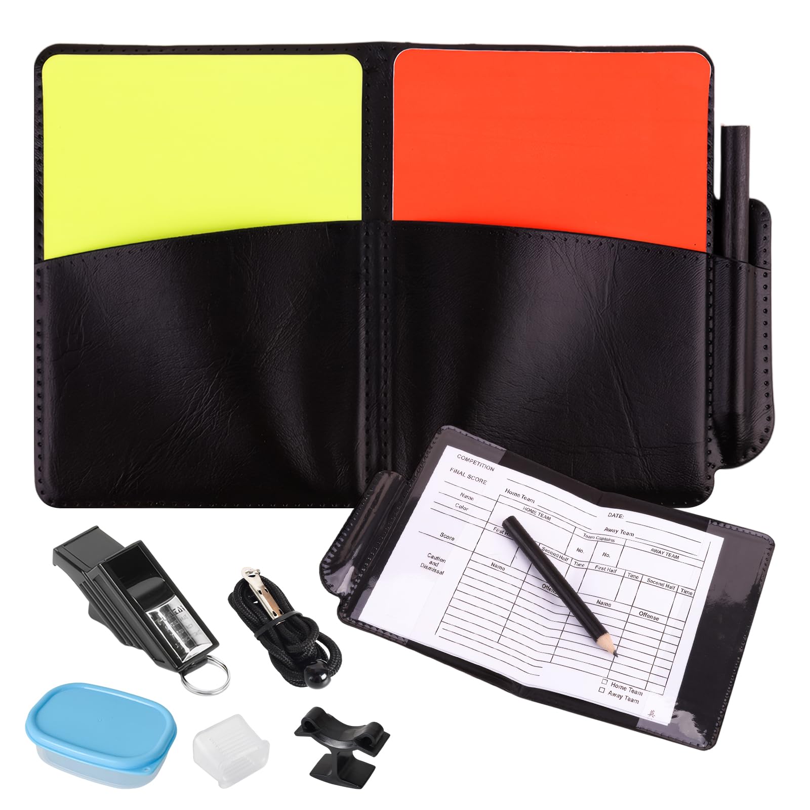 Juego de Árbitro Profesional con Silbato, Tarjetas Roja y Amarilla, Tarjetero y Funda Protectora para Fútbol