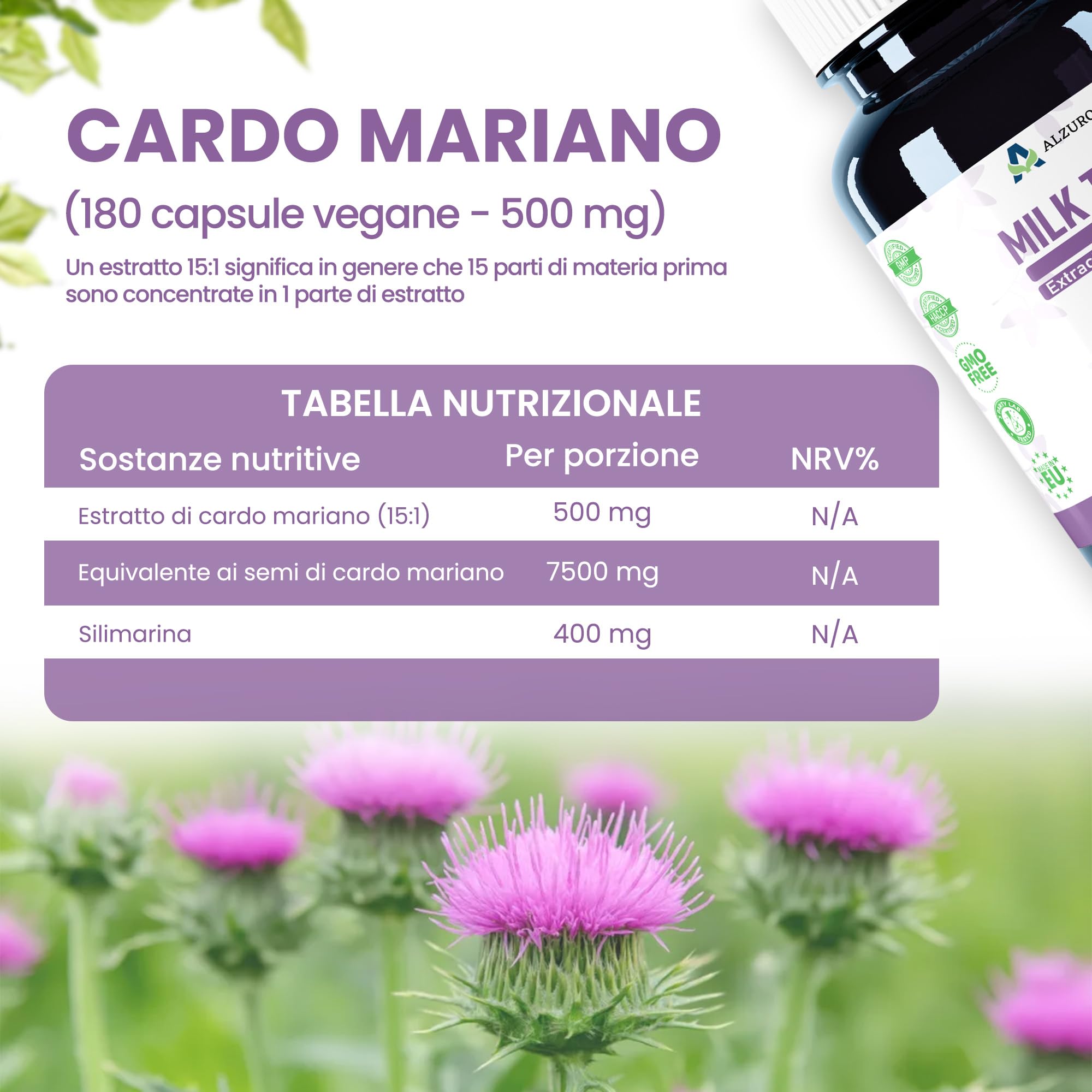 Cardo Mariano | 6.000 mg | Estratto 15:1 (500 mg) | 180 Capsule Vegane | Silybum marianum | GMP & Testato da Laboratorio Indipendente