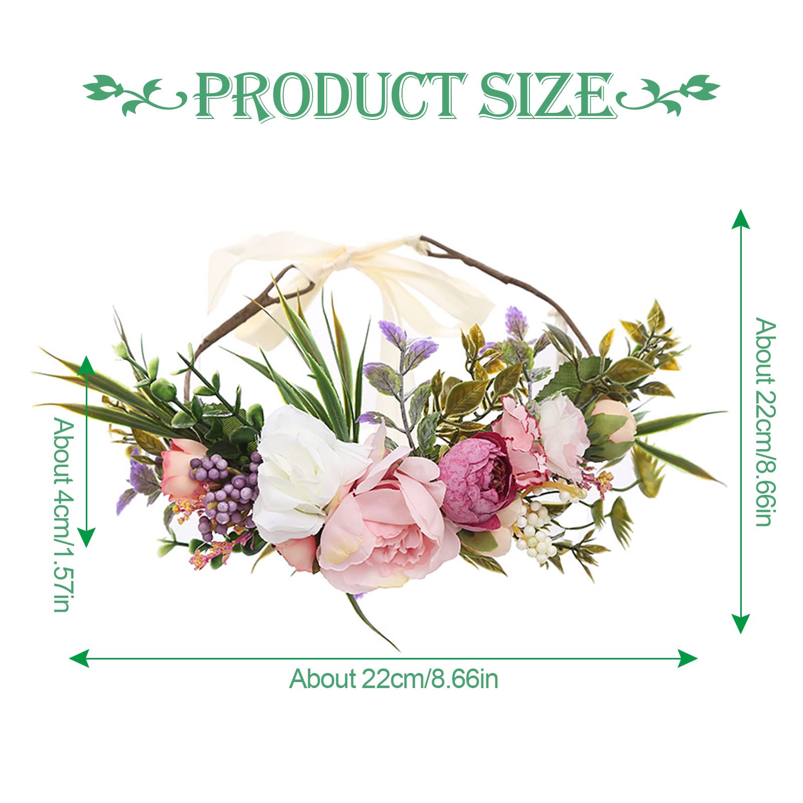 TSHAOUN Couronner Fleur Cheveux Bandeau, Ruban de Feuille Guirlande Florale，Mariage Nuptiale Couronne Fleur, Fée Couronne Floral Bandeau Réglable avec Ruban, Vacances Fête Bord Mer (1 Pack)