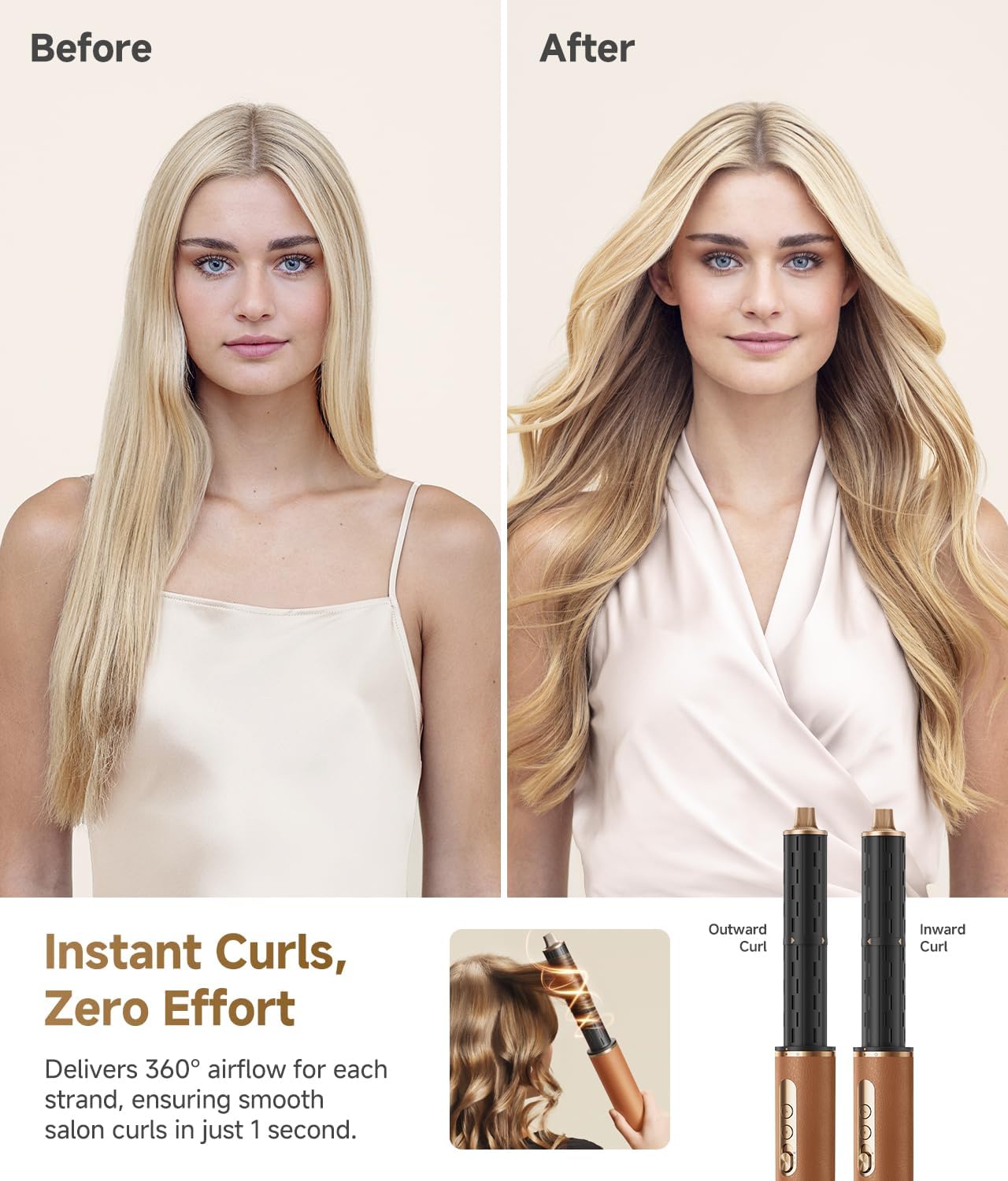Woman with before and after hair, showing instant curls with DREAME AirStyle Pro curling barrels
