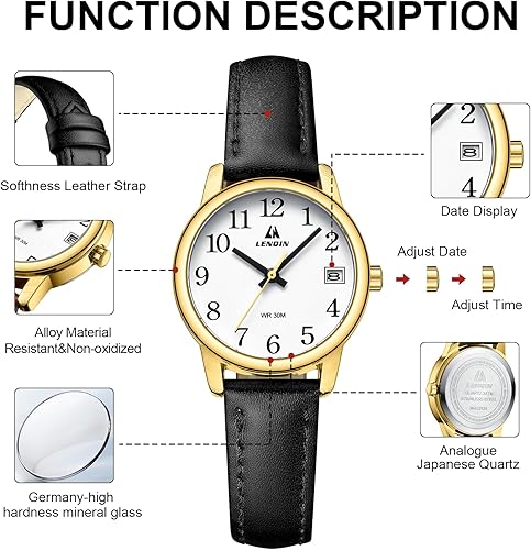 Miniatura 7 de LN LENQIN Reloj analógico de cuarzo para mujer, impermeable, con correa de cuero, esfera luminosa y fácil de leer