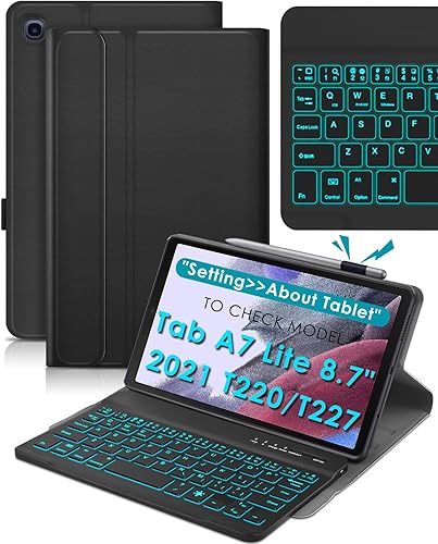 DETUOSI Funda de teclado retroiluminada para Samsung Galaxy Tab A7 Lite de 8.7 pulgadas 2021 (SM-T220/T227U) con soporte para bolígrafo S, 3 ángulos