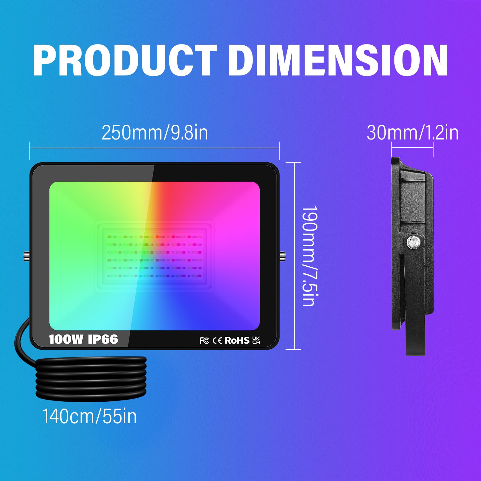 PICAA 100W Smart RGB LED Floodlight, 10000LM Outdoor +16 Million Colors, Wireless APP Control, Music Sync, Timer, Scene Modes - Image 2