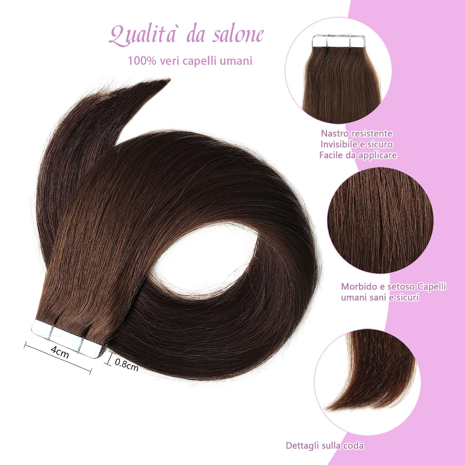 LieblichWelle Extension Capelli Veri Biadesivo Marrone Medio 40 cm, 20 pz, 40 g, Salon-Grade Qualità, Facili Comode da Indossare Per le Giovani Donne (Marrone Medio, 40 cm)