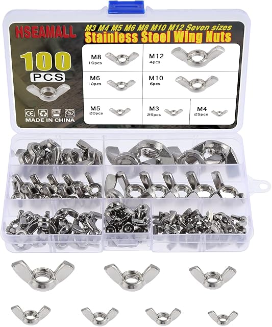 HSEAMALL 100PCS Wing Nuts Stainless Steel M3 M4 M5 M6 M8 M10 Butterfly Wing Nuts Assortment Kit for DIY Tools