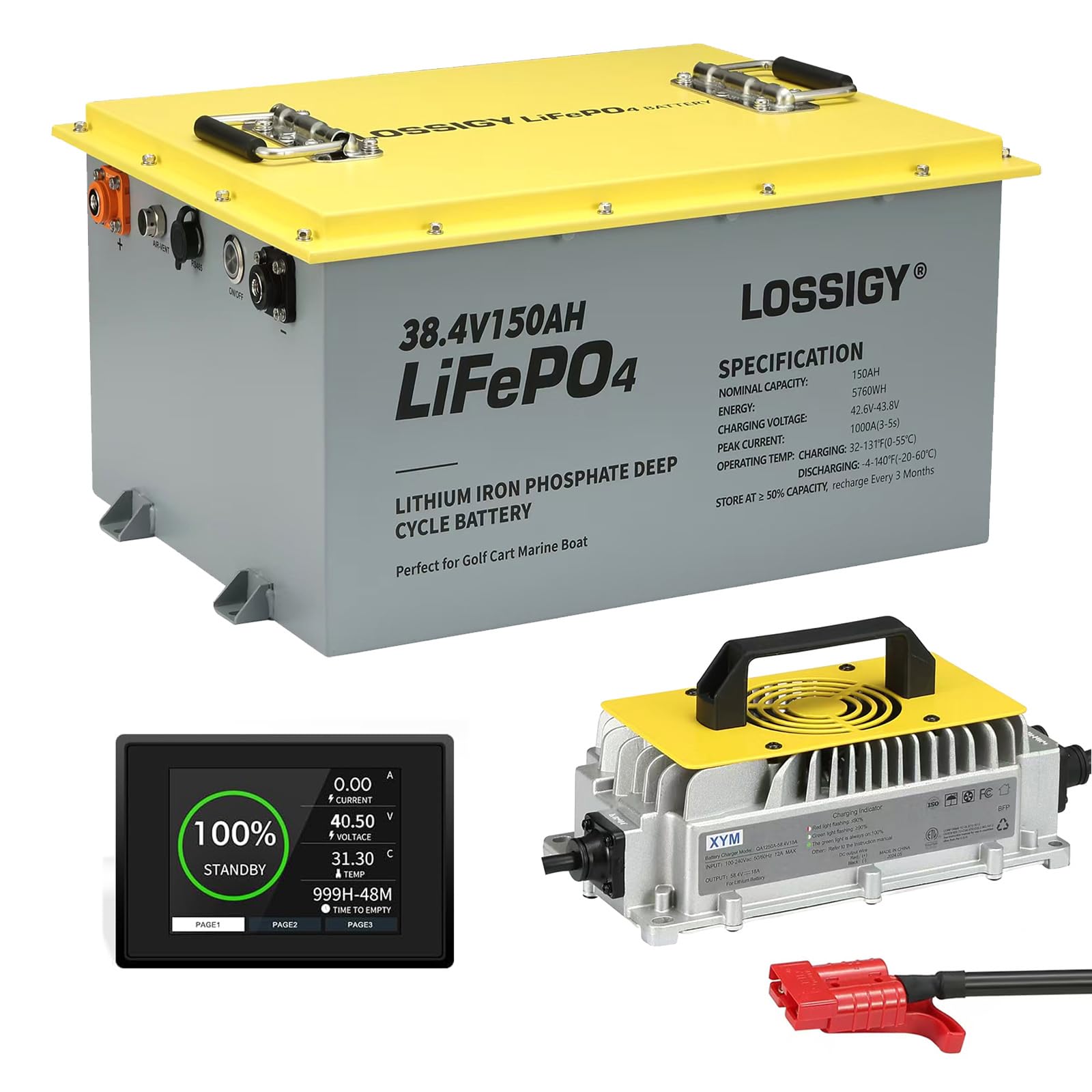 LOSSIGY 36 Volt Lithium Golf Cart Battery with 25A LiFePO4 Charger, 5.76Wh Usable Energy Built in 200A Bluetooth BMS, 1000A Peak Current, Perfect for Trolling Motor