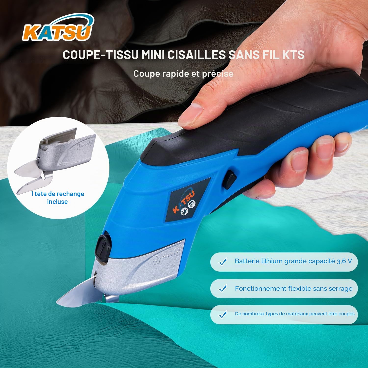 KATSU Tools Ciseaux à Tissu électriques 3,6V Ciseaux à Main en Tissu Coupe-tissu sans Fil avec 2 Têtes de Coupe en Alliage d'Acier pour Papier Cuir Artisanat Tapis