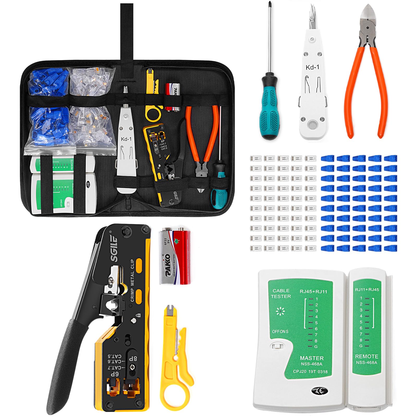 SGILE Kit di Attrezzi per Rete, Pass Through RJ45, Pinza Crimpatrice per Cat5, Cat6, Cat7, Pinza Spellafili, Tester di Rete, Universale RJ45/RJ11/RJ12, Include 50 Connettori CAT6