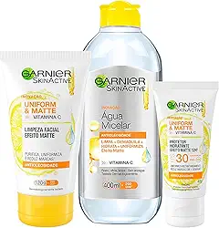 Kit Antimarcas Garnier Uniform&Matte Vitamina C - Limpeza Facial + Água Micelar + Protetor Hidratante
