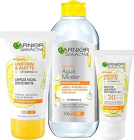 Kit Antimarcas Garnier Uniform&Matte Vitamina C - Limpeza Facial + Água Micelar + Protetor Hidratante