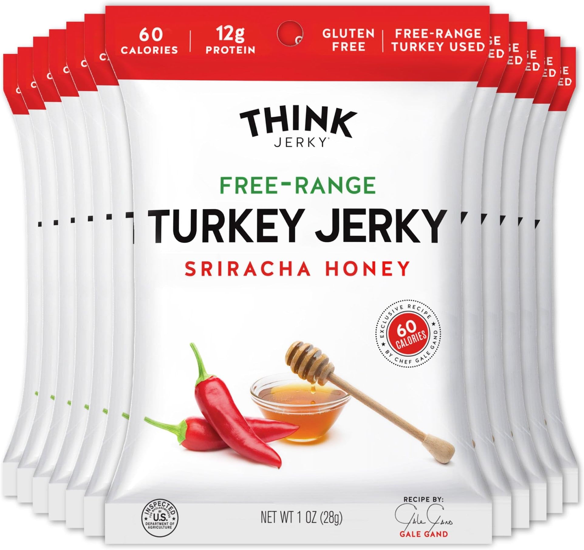 Sriracha Honey Turkey Jerky, High Protein Free-Range Turkey, Gluten Free, No Antibiotics or Nitrates, Healthy Chef Crafted Recipe, Low Calorie and Low Fat - 1.0 oz Bags, 12 Pack