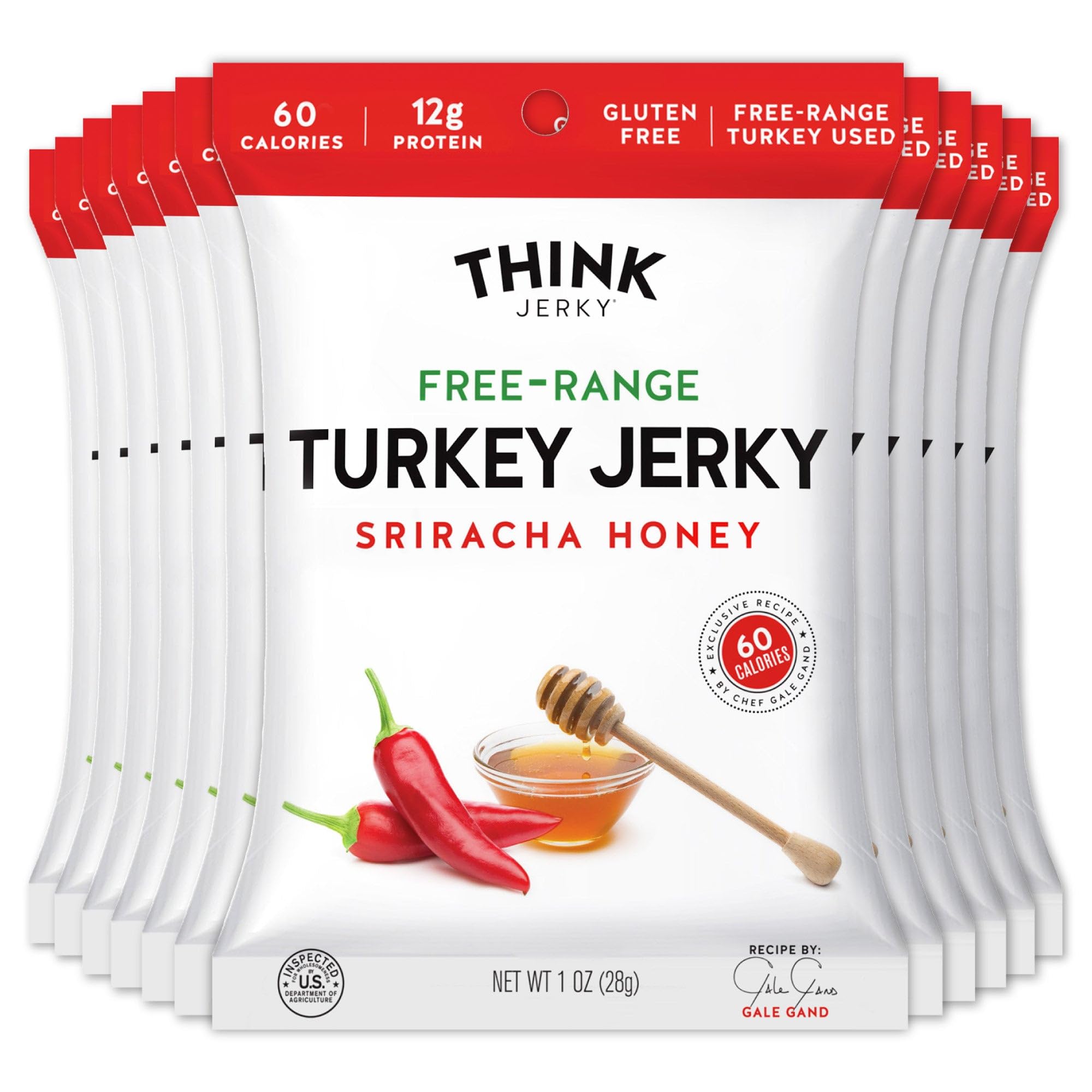 Think Jerky Sriracha Honey Turkey Jerky, High Protein Free-Range Turkey, Gluten Free, No Antibiotics or Nitrates, Healthy Chef Crafted Recipe, Low Calorie and Low Fat - 1.0 oz Bags, 12 Pack