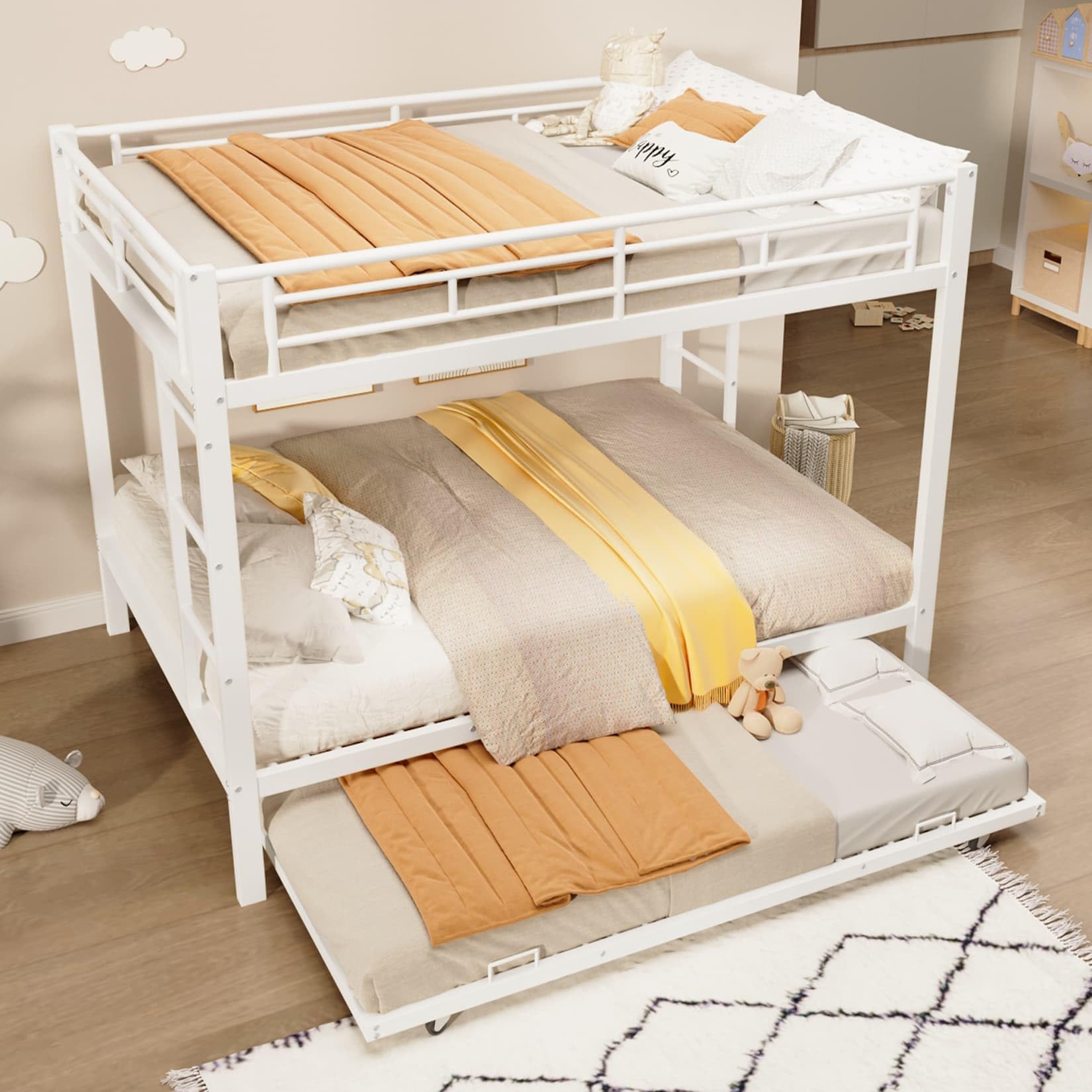 Lit Superposé Enfant 140x200cm avec lit Gigogne 90x190,Lit Superposé 3 Places avec Sommier à Lattes Solide,Barrière Haute,Cadre en Fer,pour Enfants Adolescents(Blanc, 140x200)