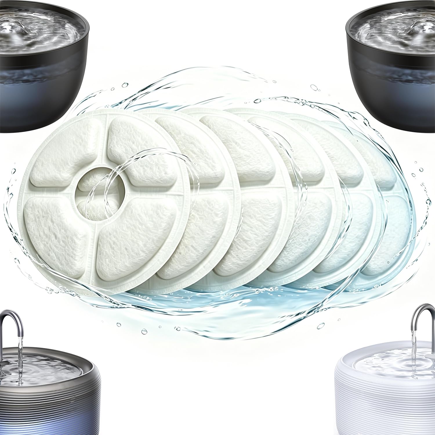 Filtri Fontanella per Gatti, Filtro per 2-2.5L Fontana, Filtri di Ricambio per Fontanella Animali Domestici con Resina e Carboni Attivi per Dispenser Acqua Automatico（6 Pezzi)