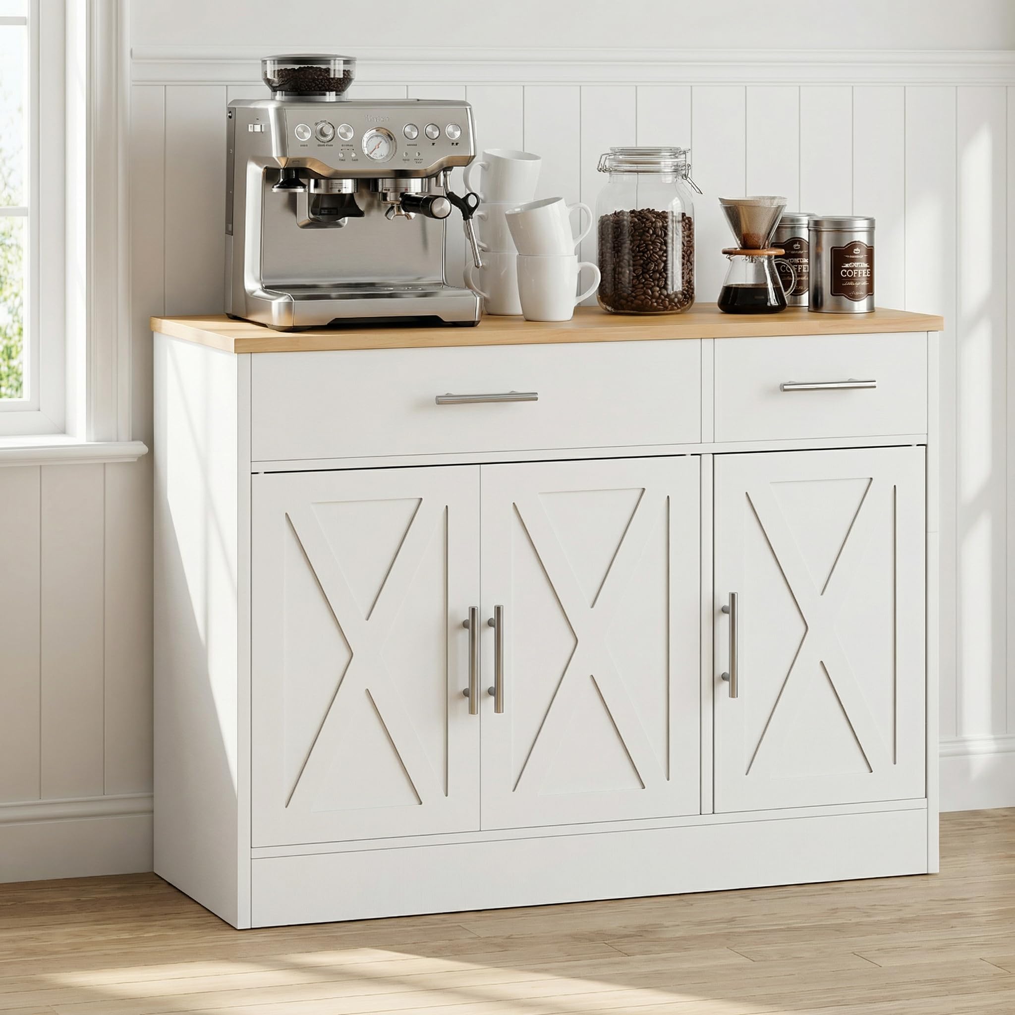 SUNLEI Sideboard Buffet Cabinet with Storage, Kitchen Storage Cabinet with 3 Doors and 2 Drawers, Farmhouse Coffee Bar with Adjustable Shelf for
