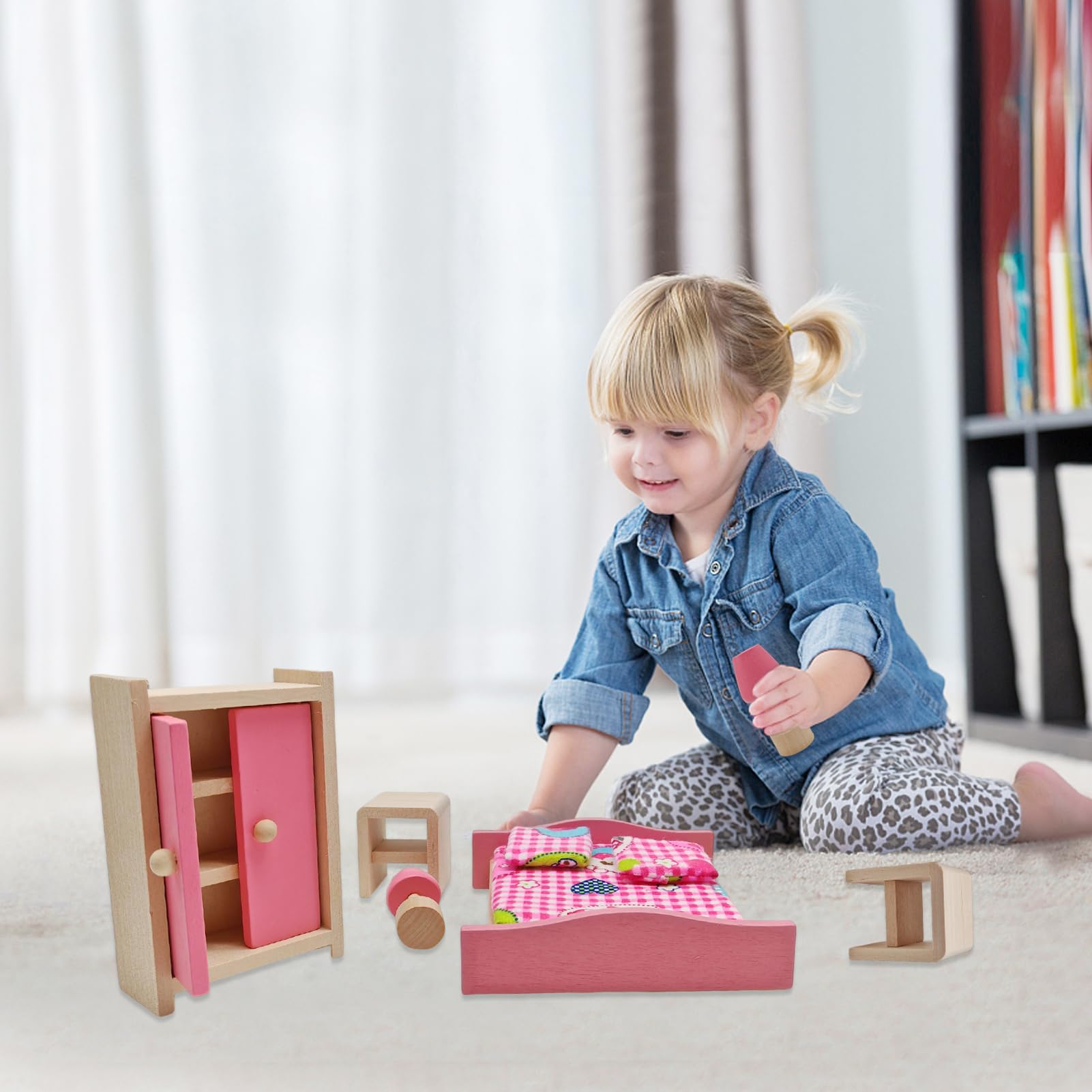 Wooden Doll House Furniture Pretend Play Bedroom Furniture for Kids Childs Gifts Family(Bedroom) - Image 4