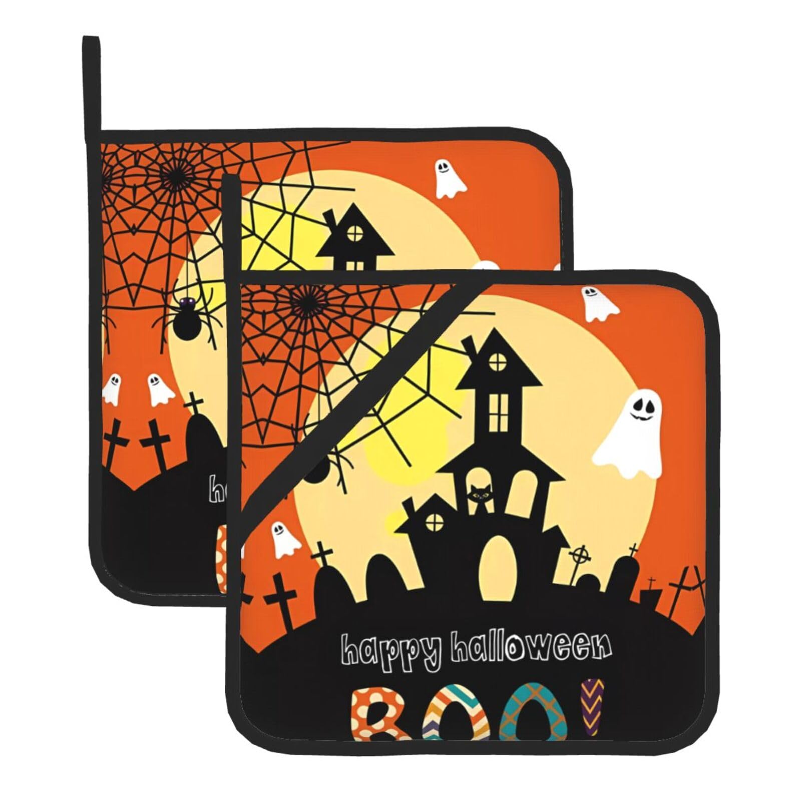 WHJDPP Halloween Ghost Pumpkin Prints Square Hot Pads for Kitchen - Waterproof Pot Holders Set of 2, Durable Trivets with Pocket & Hanging Loop for Hot Dishes & Oven Use