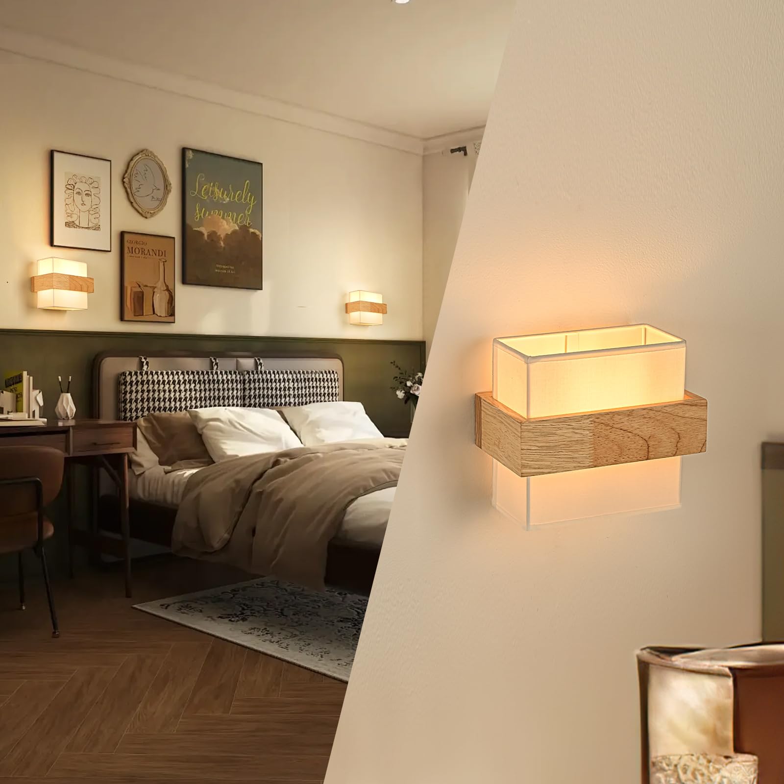 Vintage Wandleuchte Holz Innen mit E14 Fassung, Retro Wandlampe aus Stoffbezug Industrial für Treppenhaus