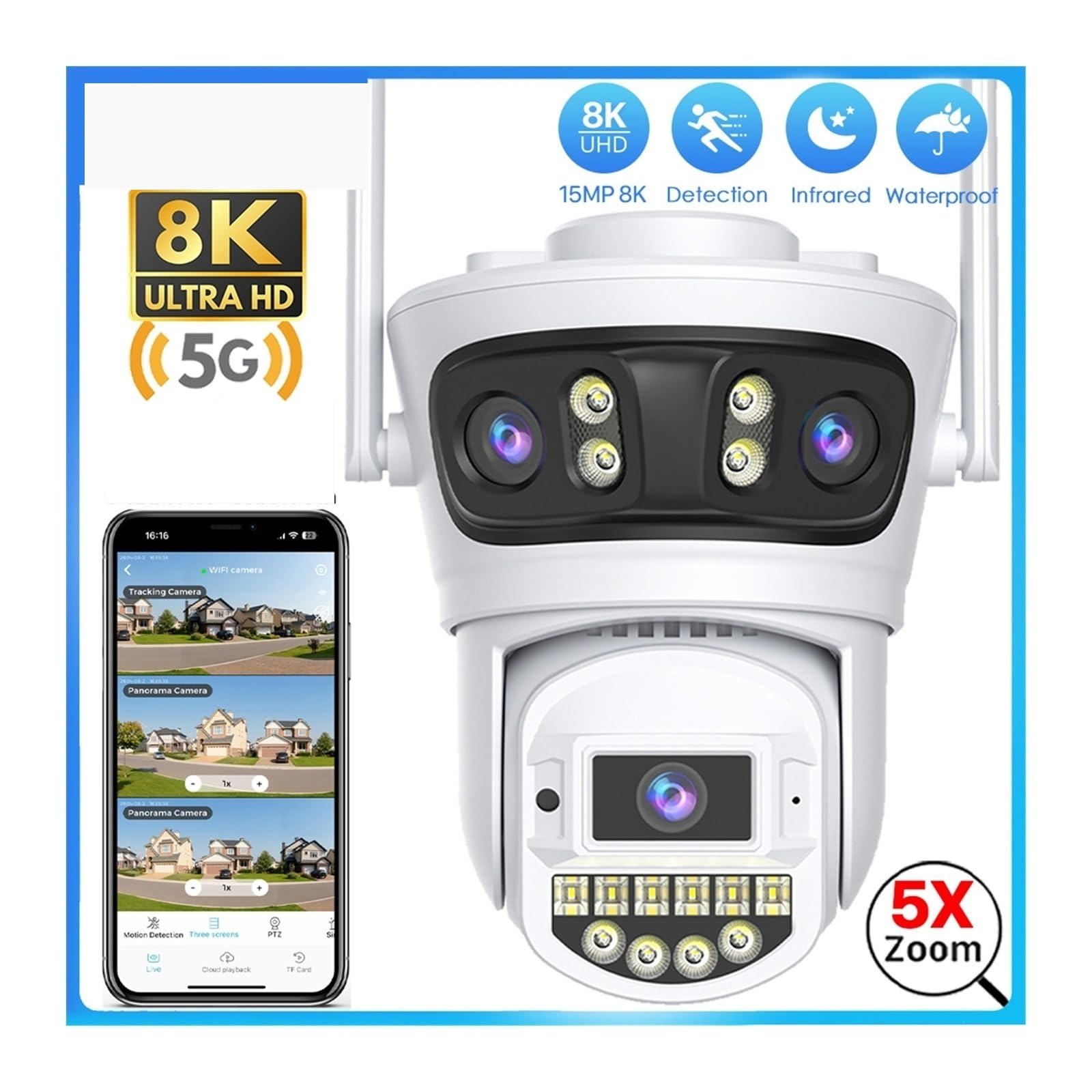 Kamery bezpieczeństwa, Kamera Monitorująca 15 MP 8K HD Wi-Fi Na Zewnątrz, Trzy Obiektywy, Ekrany, IP Z Detekcją Ruchu, 5G(8MP NO SD Card)