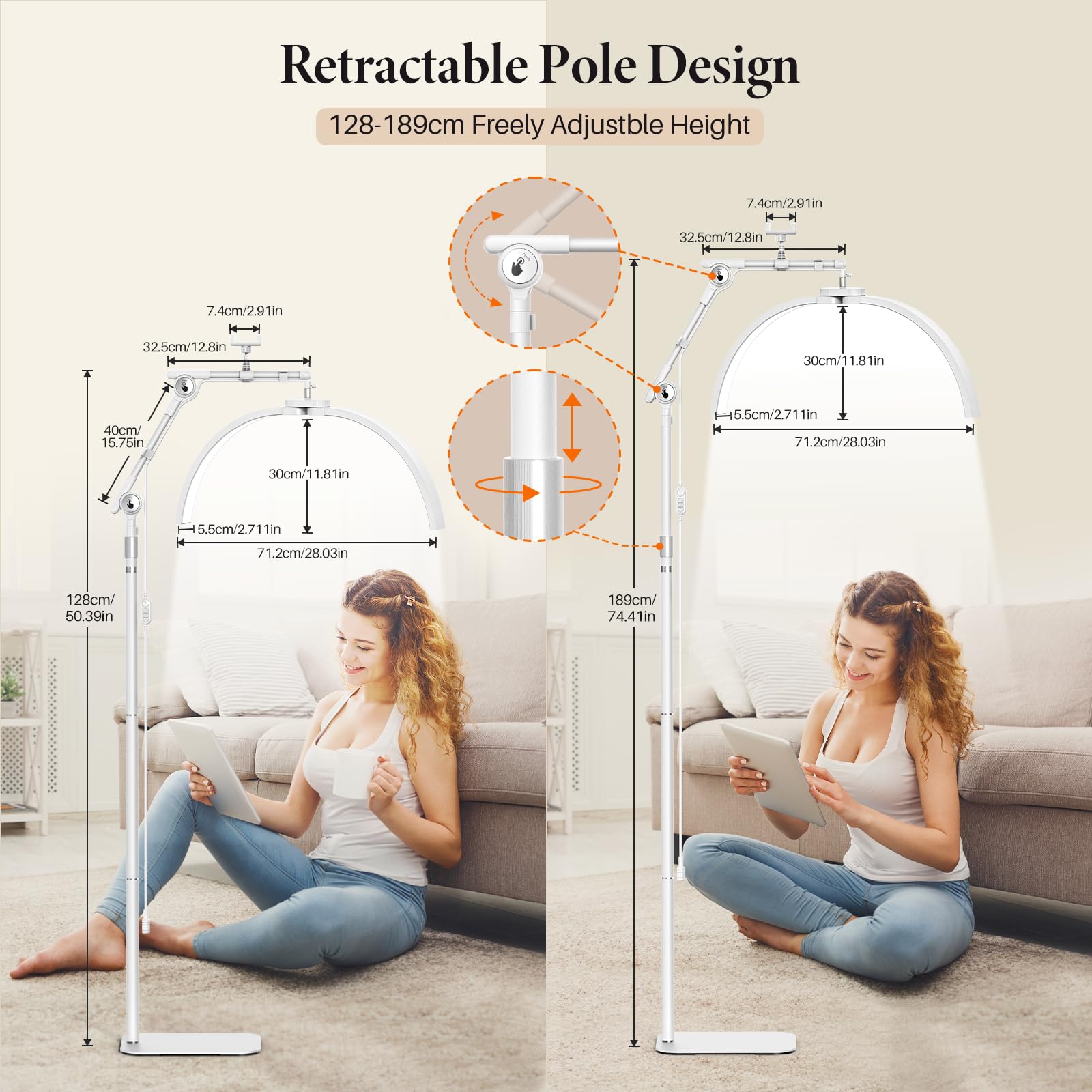 Lampara LED de pie para Pestañas: 28" Plegable Lampara Extensiones Pestañas LED - 3 Temperaturas de Color & Cabezal Giratorio 360° con Soporte para Cuidado Piel/Tatuaje, Blanco