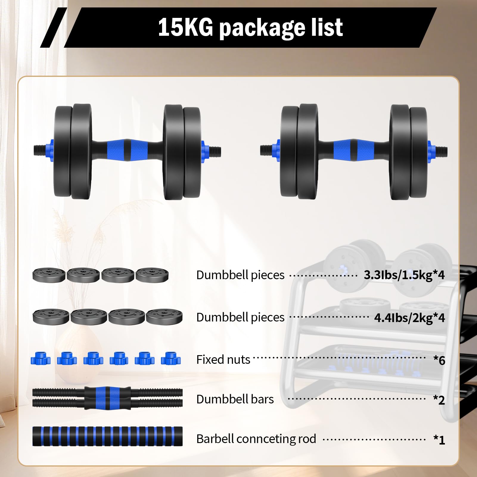Set di manubri corti, 2 in 1, 10/15/20/30 kg, per uomini e bilancieri regolabili, tubo di collegamento multifunzione, per allenamento di forza