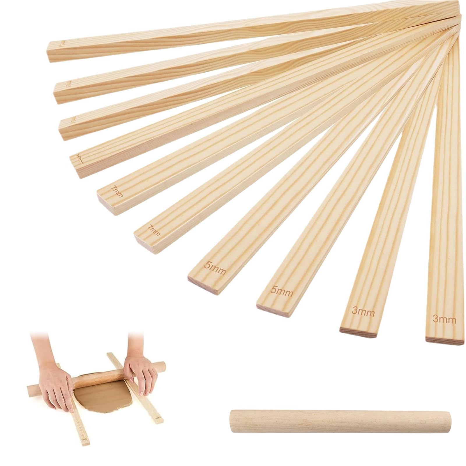 11Pcs Clay Rolling Pin Set, Wooden Pin with 10 Thickness Guide Rings