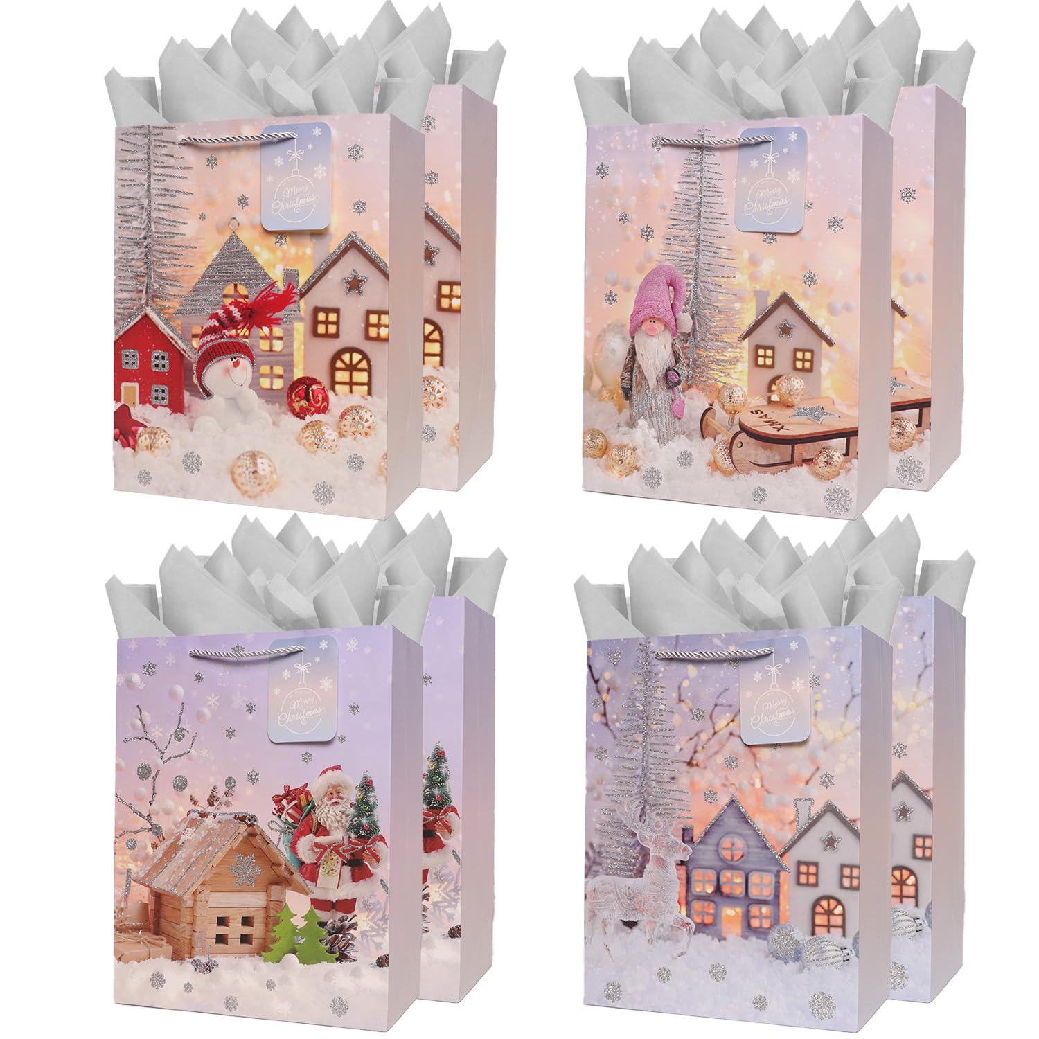 8Pack Large Christmas Gift Bags with Tissue Paper,Silver,28×38×15 CM